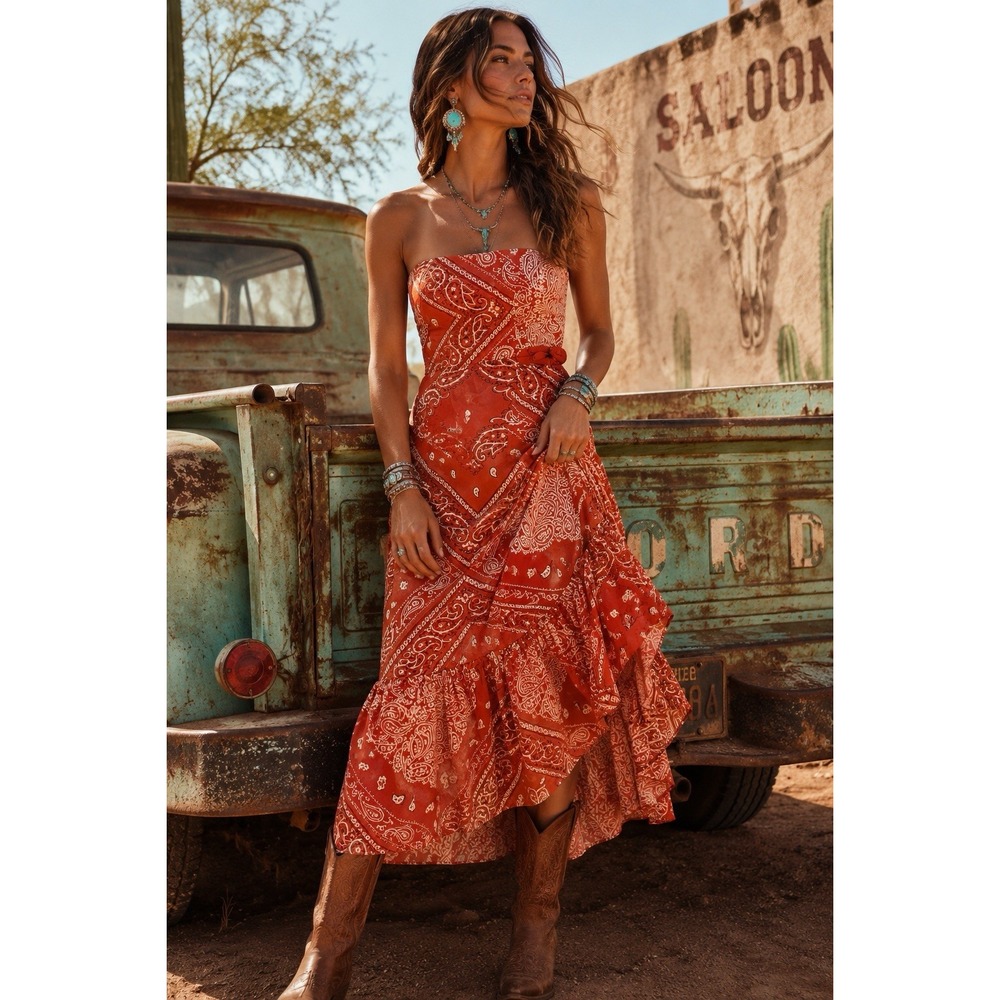 Holding Horses Anthropologie Strapless Midi Dress 12 Bandanna Paisley Western